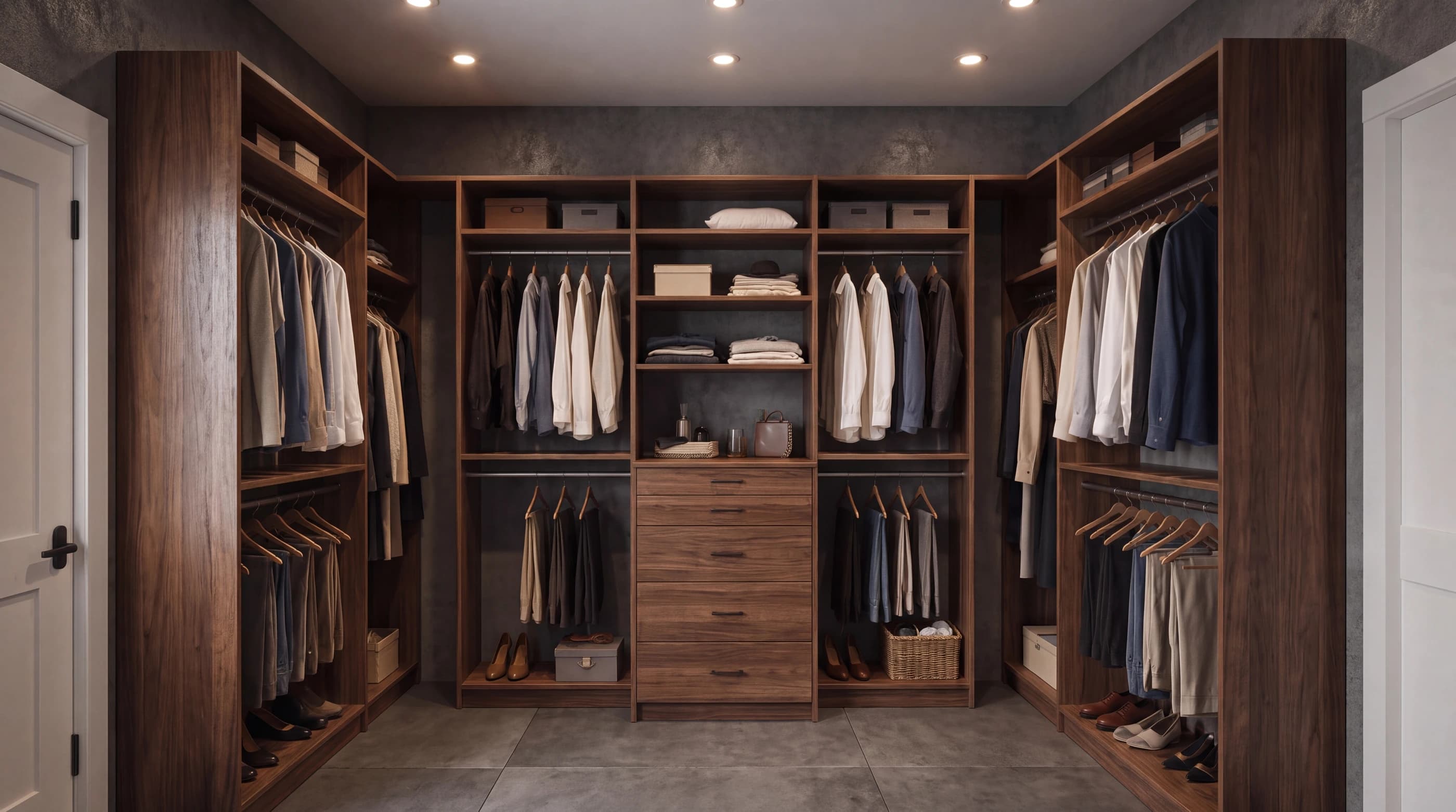A walnut walk-in wardrobe with tailored shelving, hanging rails, and a central bank of drawers