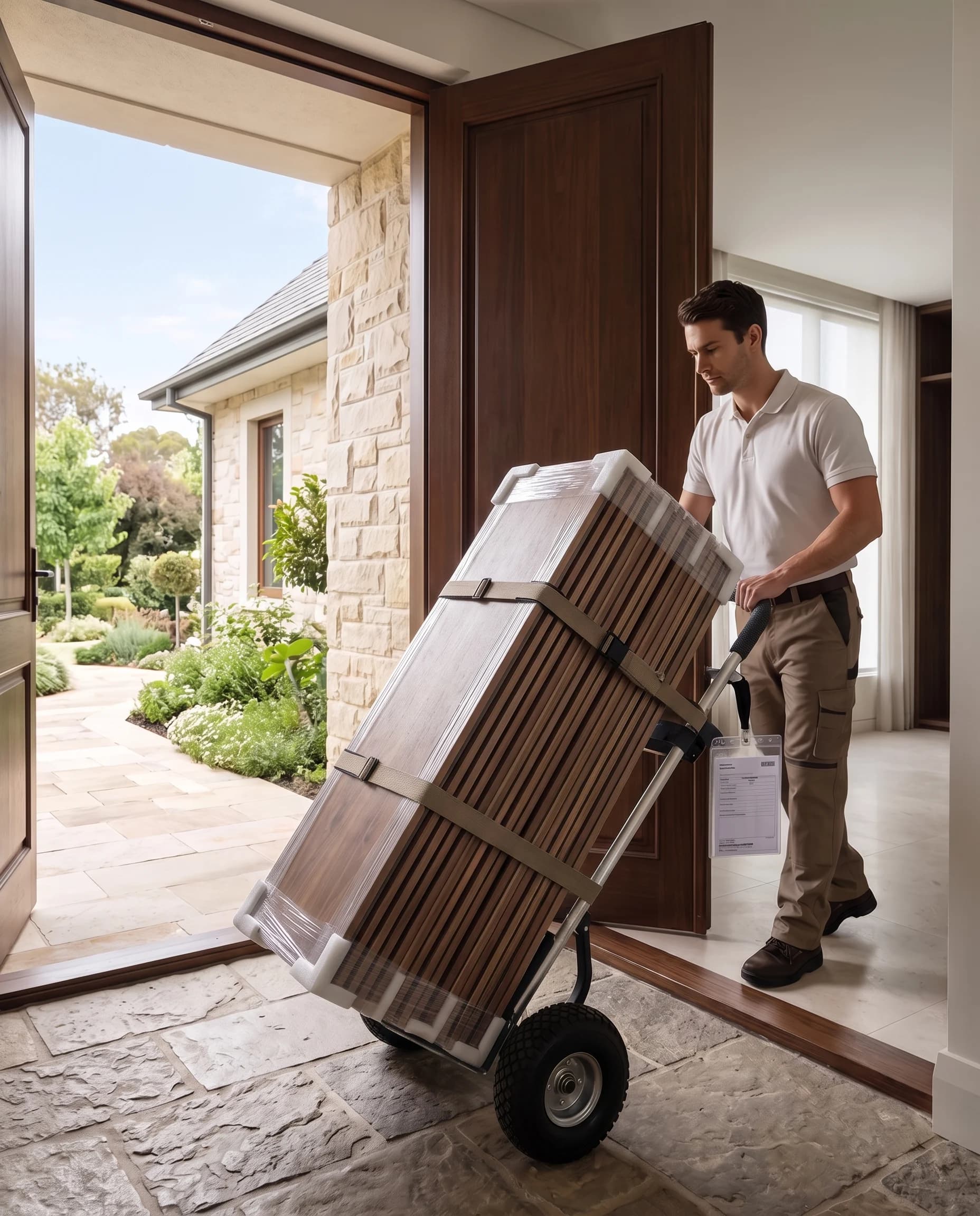 A delivery worker moving protected, flat-packed walnut panels into a home