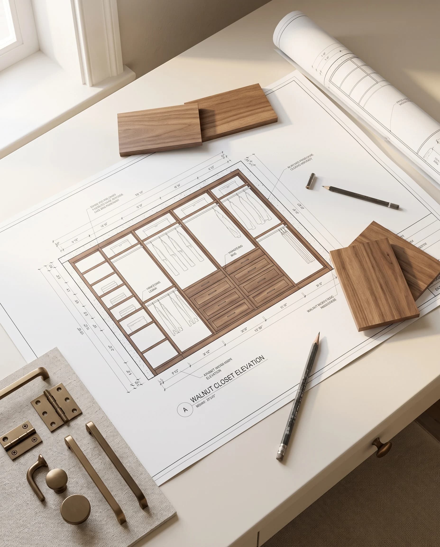 Walnut panel samples, hardware, and a closet design arranged on a studio table