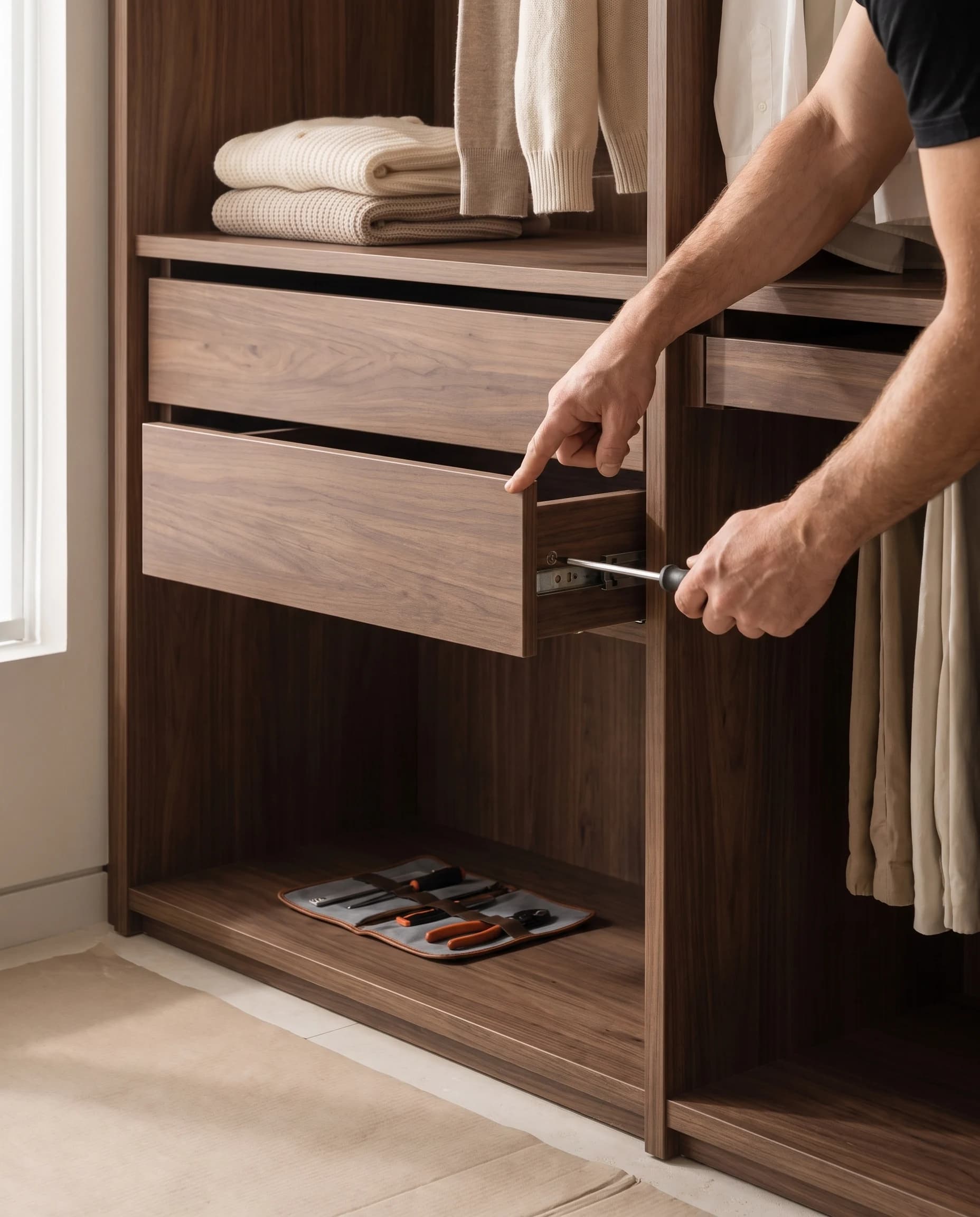 An installer carefully adjusting the hardware in a walnut wardrobe drawer