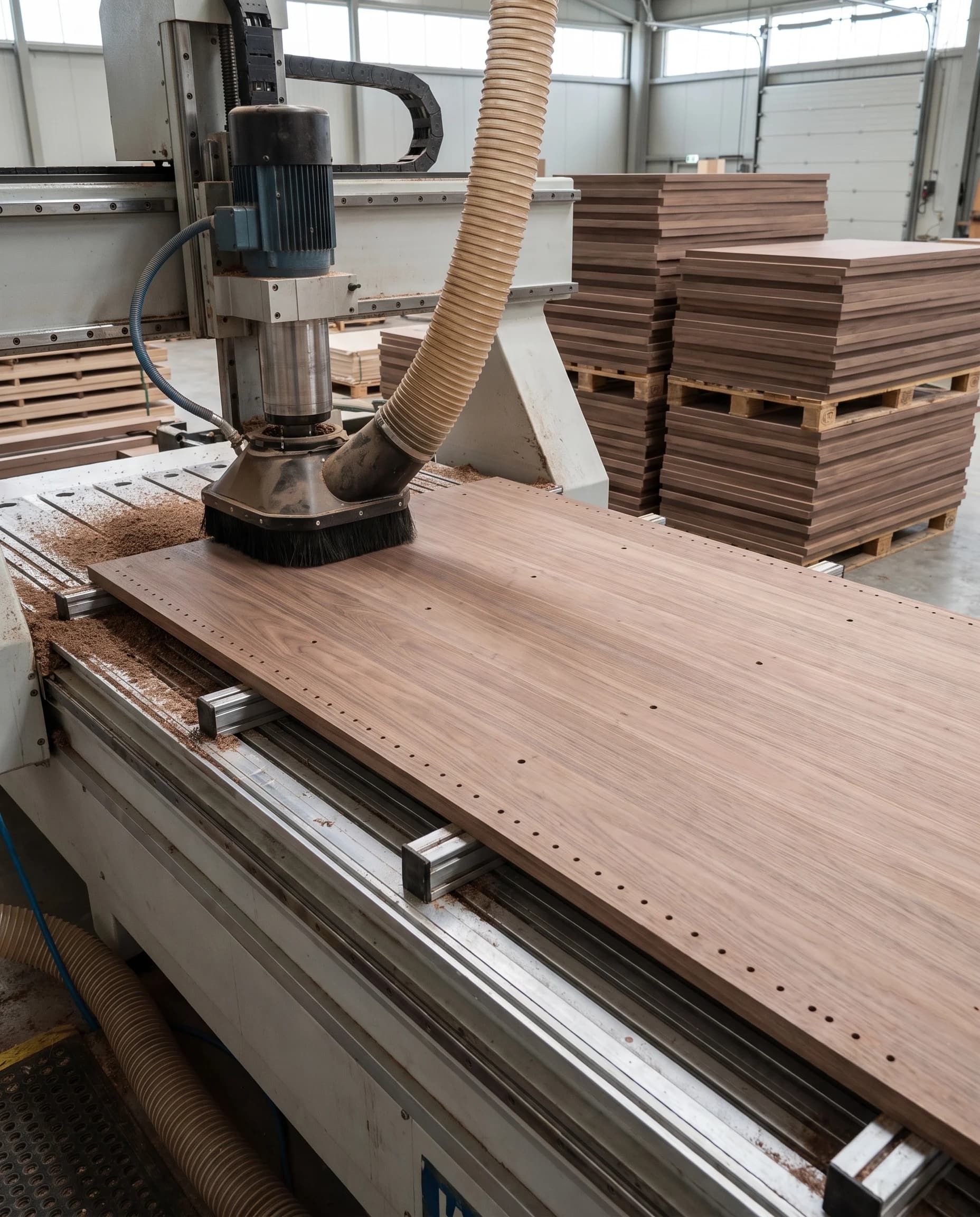 Precision machinery preparing walnut panels for a modular wardrobe
