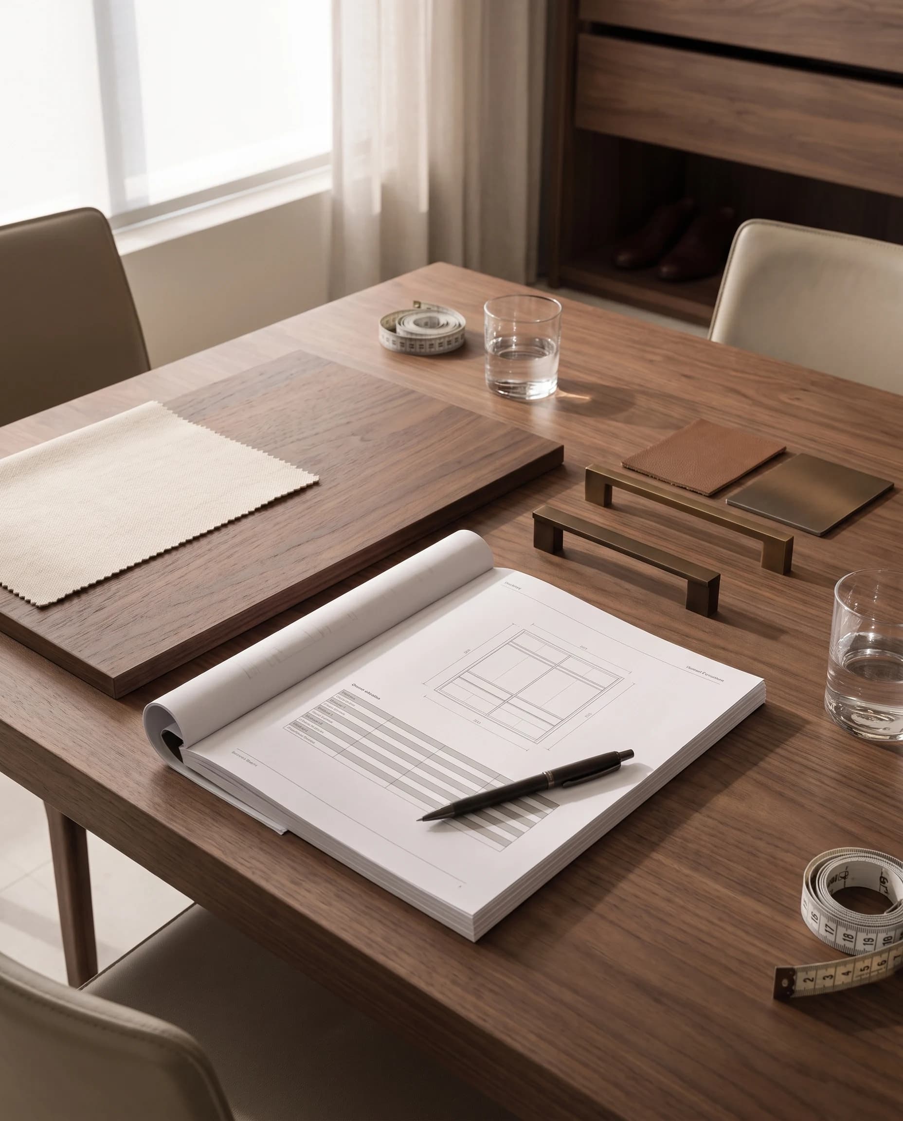 A wardrobe proposal and selected materials ready for a design review