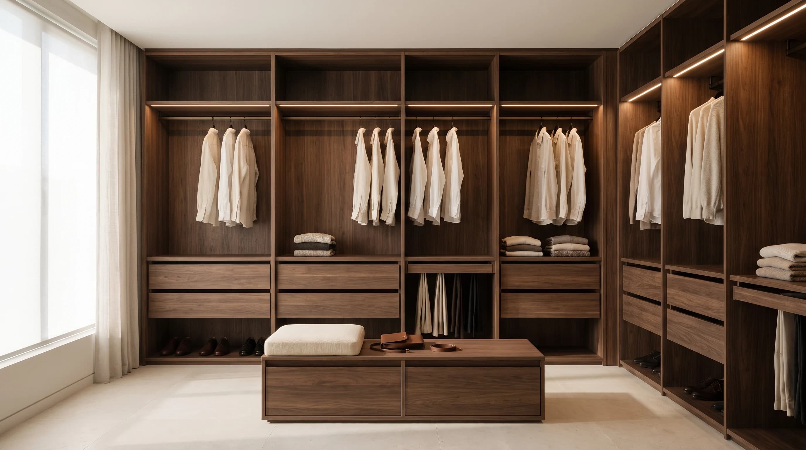 A refined walnut walk-in closet with modular shelving, hanging spaces, and a central drawer island
