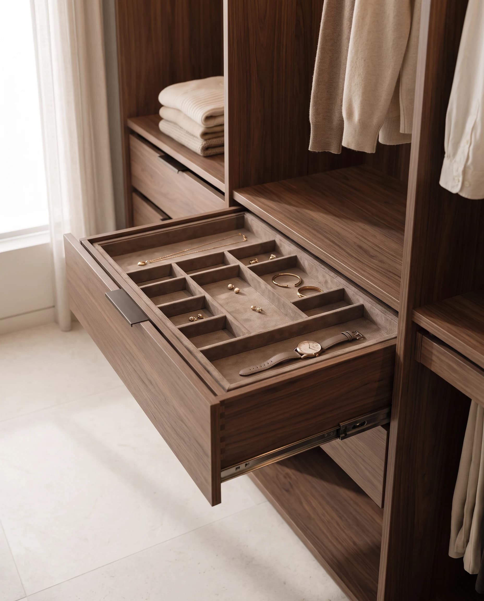 Walnut wardrobe drawers with a fitted accessory organizer and carefully finished panel edges
